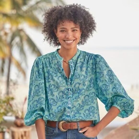 Sundance Womens Top Blue Faron Floral Button Front Long Sleeve Blouse PXL Petite - Picture 1 of 11